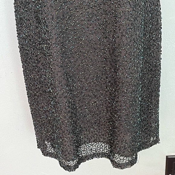 Vintage 80’s Silk Allover BEADED DRESS Shimmer Low Back Sleeveless Black Green 4 - Picture 3 of 14